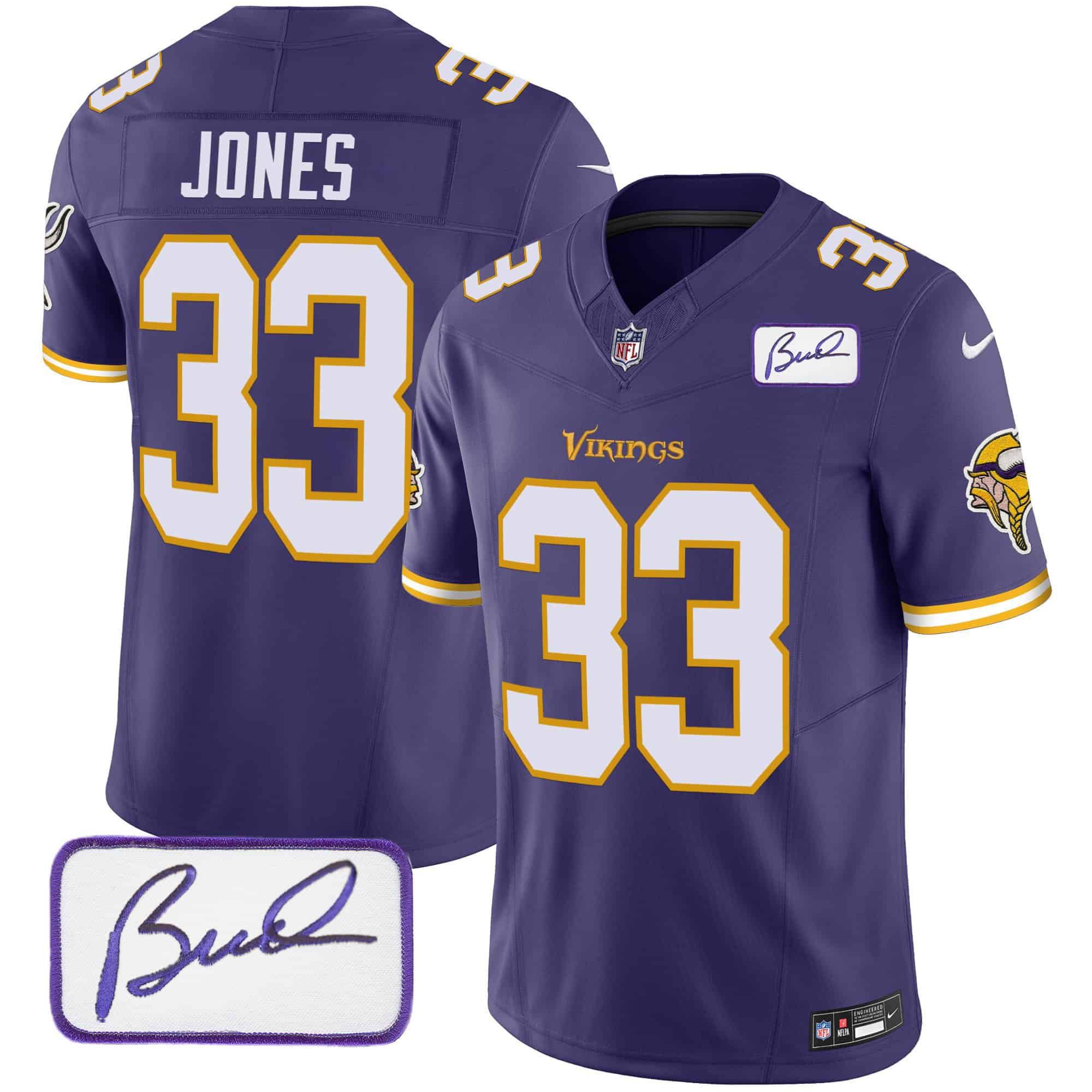 Men Minnesota Vikings 33 Jones Purple 2024 Nike Bud Grant Patch Classic Limited NFL Jersey style 1